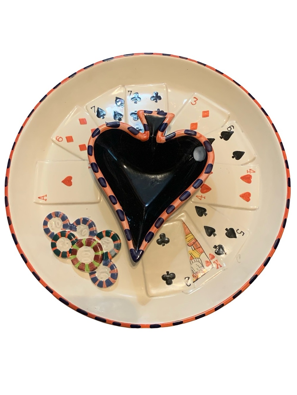 VINTAGE 1980 12" World Bazaars 3D PORCELAIN POKER THEME Chip And Dip Platter